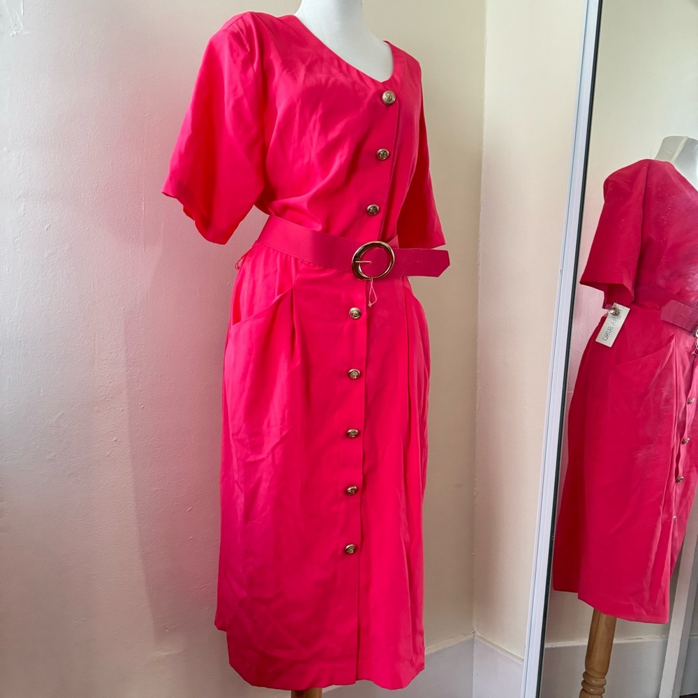 Bright Pink Button-Front Belted Women’s Dress